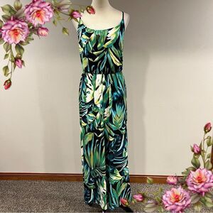 Tropical leaves Print maxi dress with straps